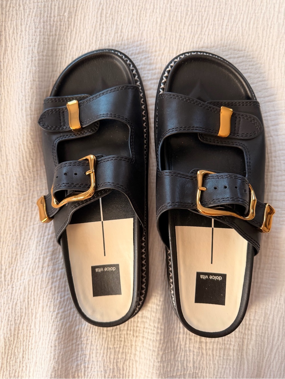 Dolce Vita Black Leather Double-Buckle Slide Sandals with Gold Hardware